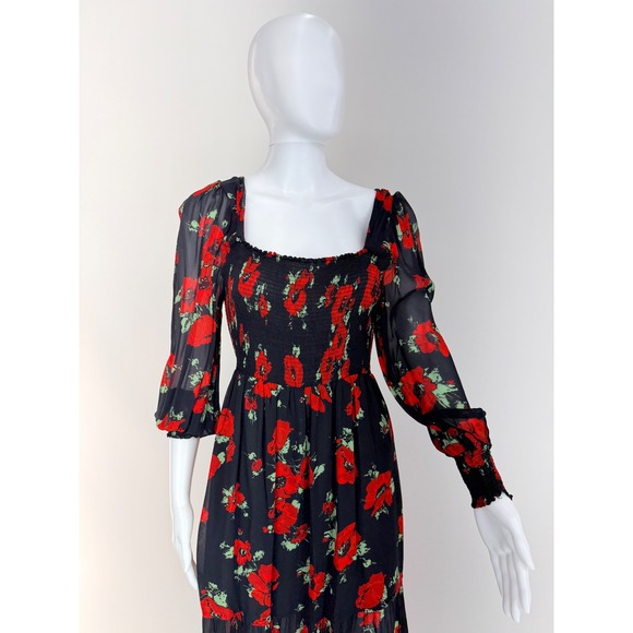 RIXO Yas Dress Black Red Floral Print Square Neck Long Sleeve Tiered Midi Dress - Picture 4 of 11